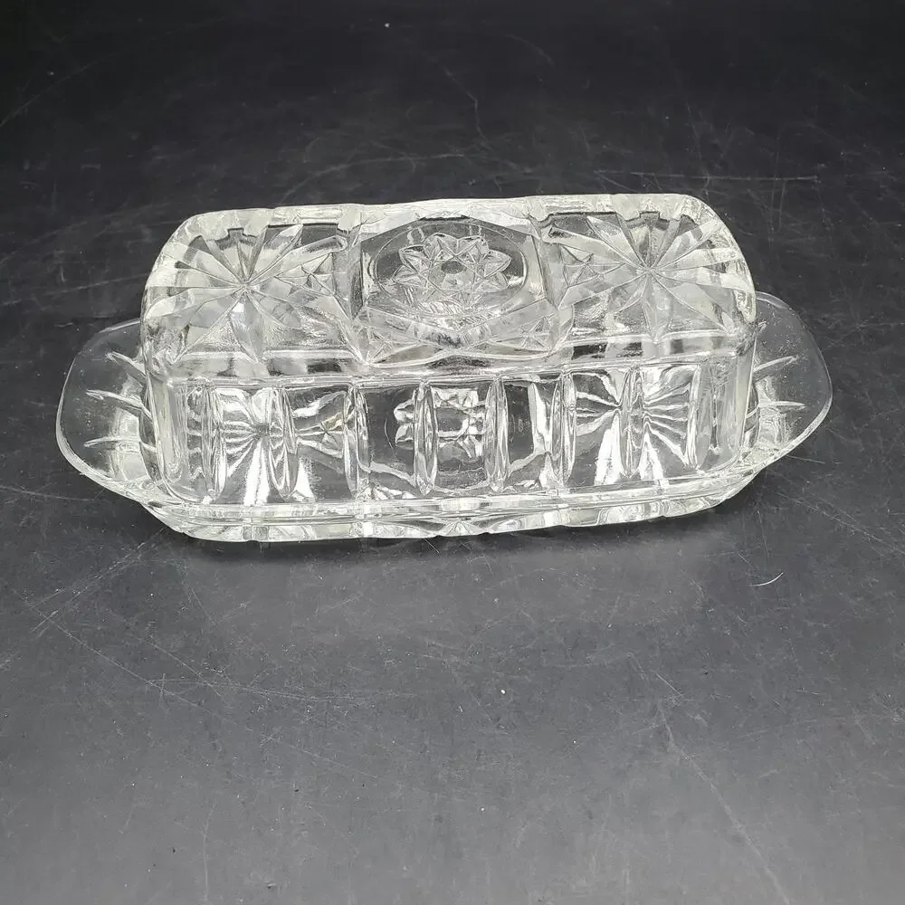 Vintage Cut Pressed Glass Covered Butter Dish Starburst Diamond Pattern